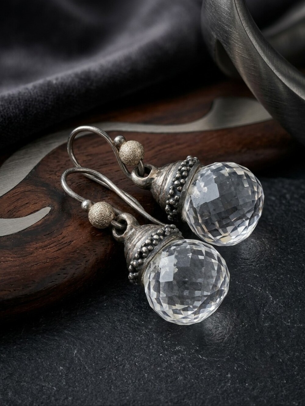 Vintage Michael Dawkins 925 Sterling Silver Briolette Crystal Quartz Earrings